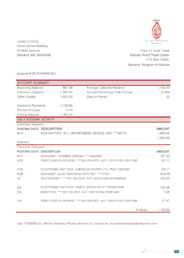 Download Bahrain Al Salam bank statement excel Photoshop template